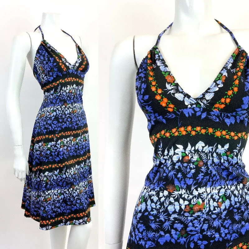 Last Chance VINTAGE 60s 70s BLACK BLUE ORANGE WHITE FLORAL PSYCHEDELIC HALTER MINI DRESS 10