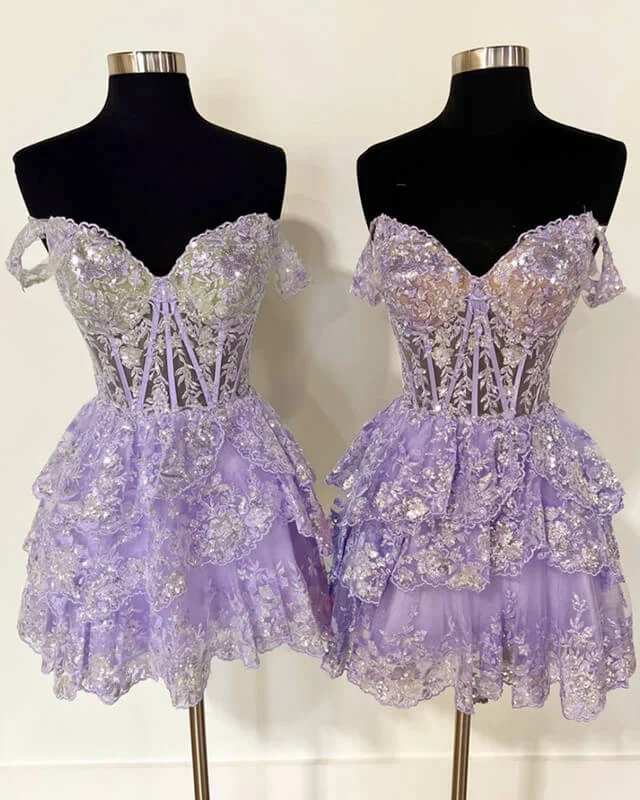 Anniversary Sale Short A-line Off Shoulder Tiered Lace Dress