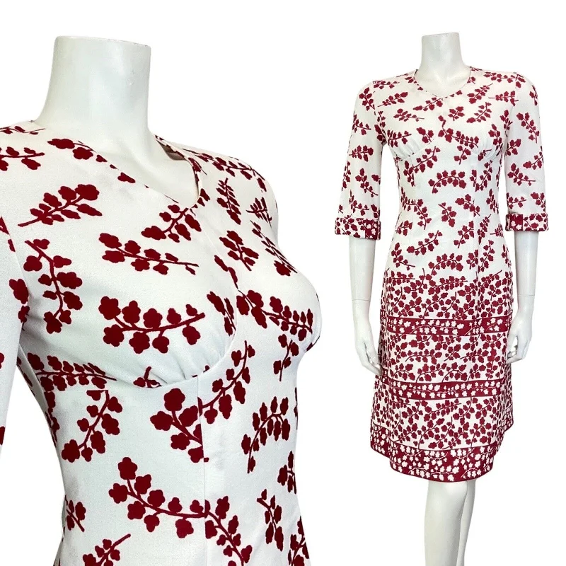 Price Meltdown VINTAGE 60s 70s WHITE WINE RED BRANCH LEAFY FLORAL KNEE-LENGTH DRESS 8 Price Meltdown VINTAGE 60s 70s WHITE WINE RED BRANCH LEAFY FLORAL KNEE-LENGTH DRESS 8