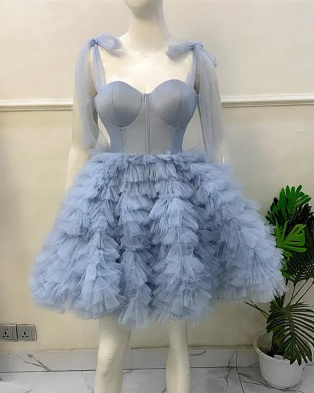 Clearance Sale Short Blue Corset Tiered Tulle Ball Gown