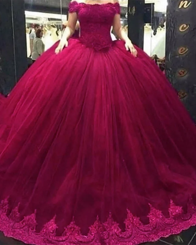 Deal Mania Ball Gown Off The Shoulder Dresses Lace Appliques