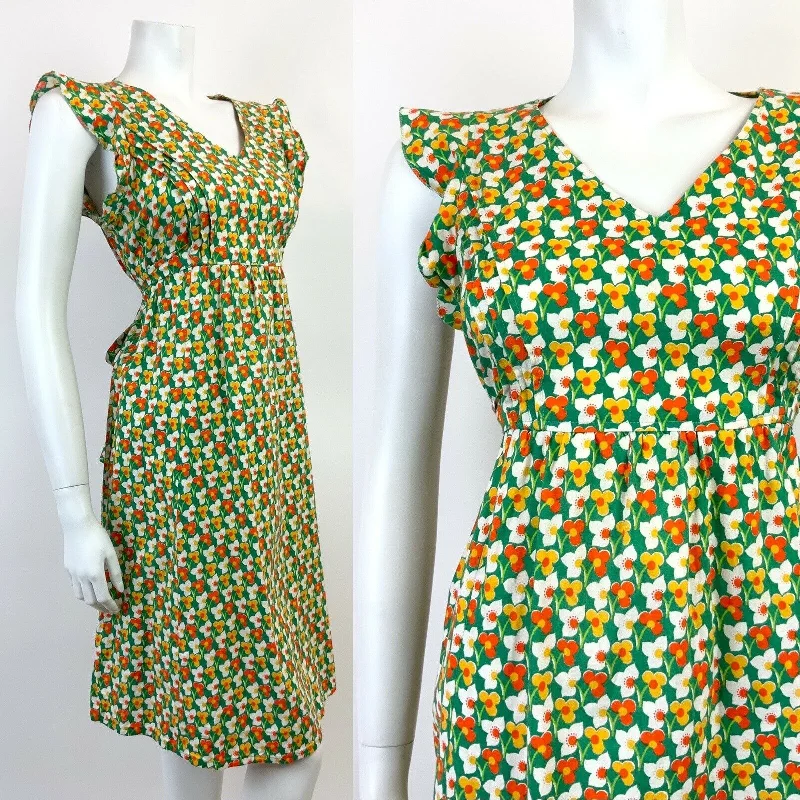 Sneak Peek Sale VTG 60s 70s GREEN WHITE ORANGE YELLOW FLORAL MOD SLEEVELESS SUMMER DRESS 12 14