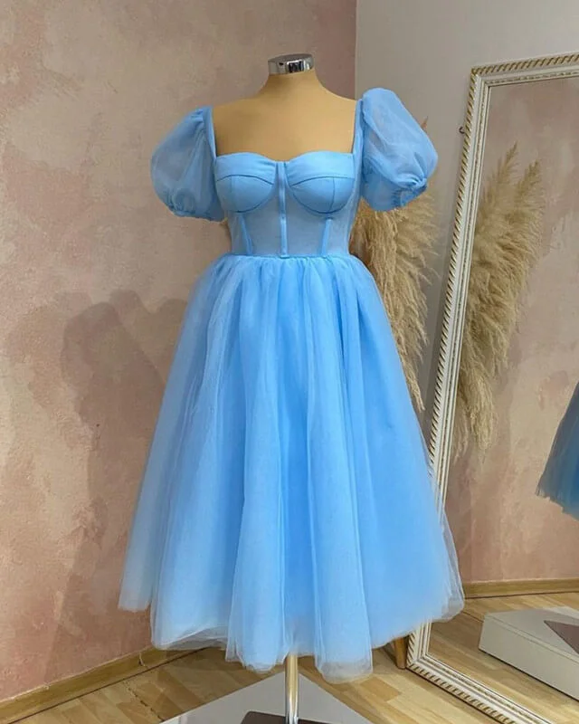 Special Promotion Blue Tulle Puffy Sleeve Midi Dress