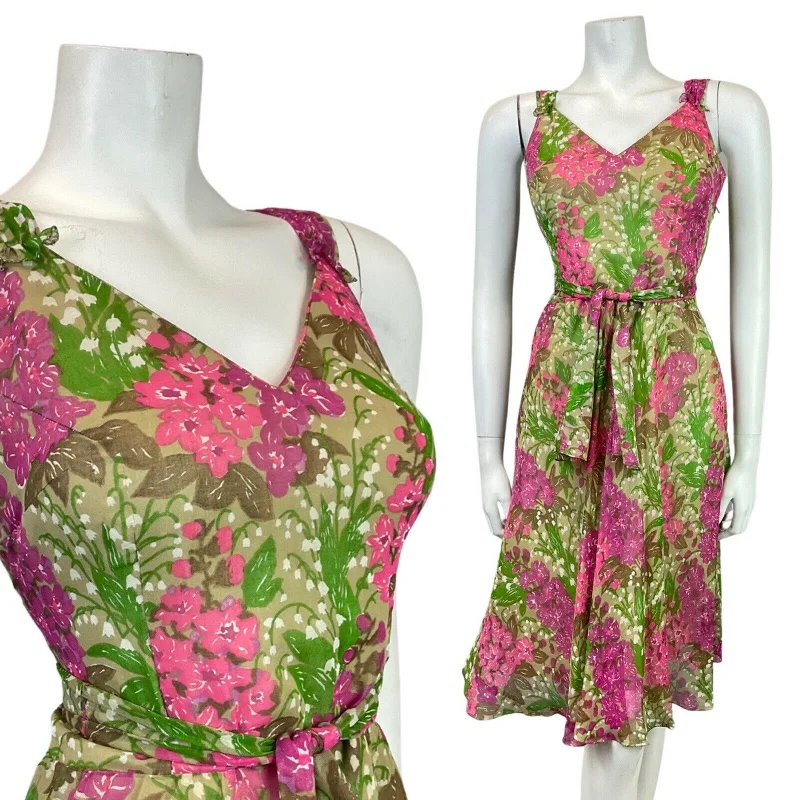 Amazing Deals VINTAGE 60s 70s GREEN PINK WHITE FLORAL FLOATY STRAPPY SUMMER SUN DRESS 8 10 Amazing Deals VINTAGE 60s 70s GREEN PINK WHITE FLORAL FLOATY STRAPPY SUMMER SUN DRESS 8 10