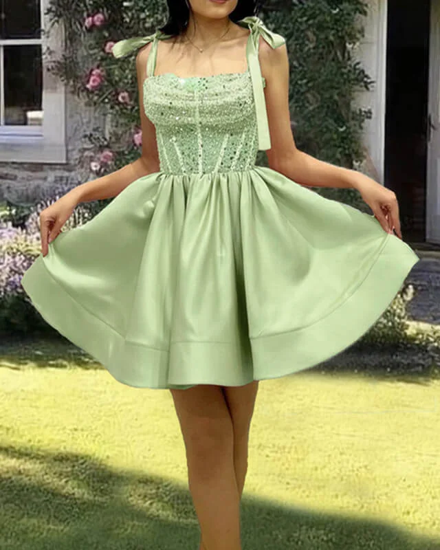 Daily Specials Short Sage Satin Sequin Beaded Homecoming Dress
