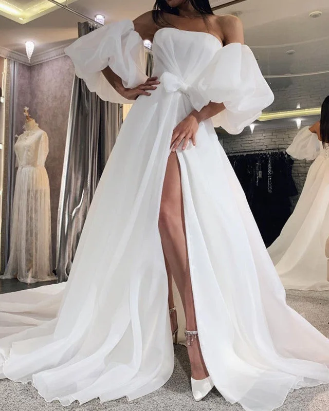 Deal Frenzy Tulle Boho Wedding Dresses Puffy Sleeves