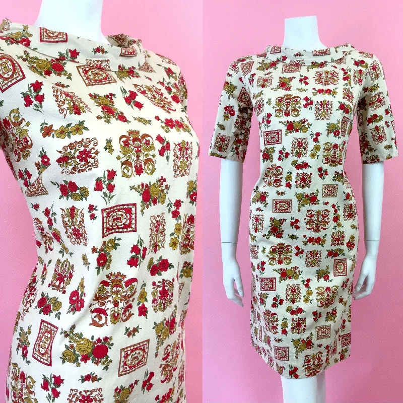 Early Access VINTAGE 60s 70s CREAM GREEN RED ORNATE FLORAL ROSE DECO MOD SHIFT DRESS 10 Early Access VINTAGE 60s 70s CREAM GREEN RED ORNATE FLORAL ROSE DECO MOD SHIFT DRESS 10