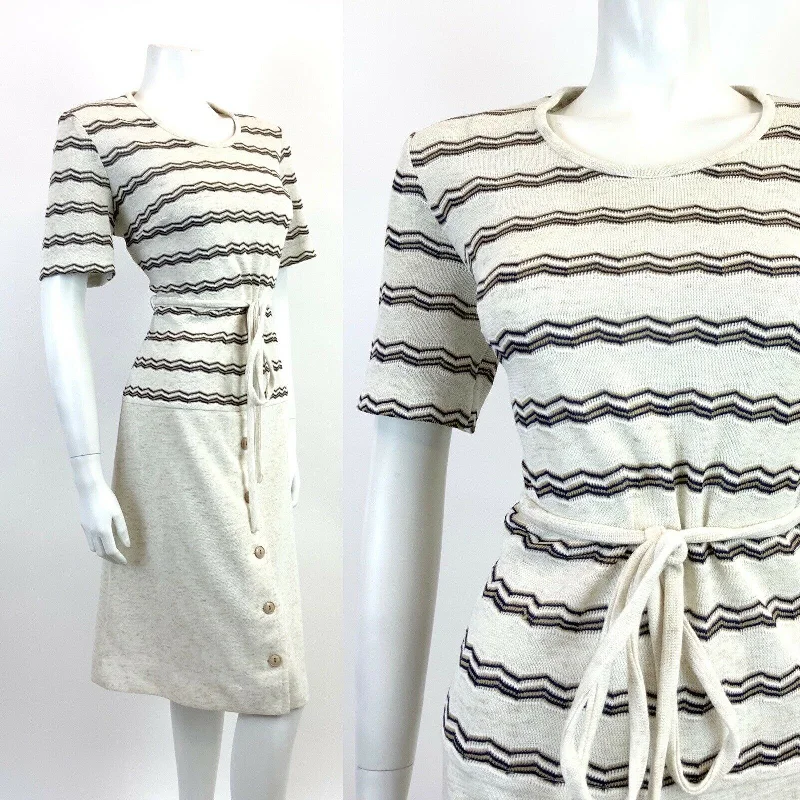 Big Savings VINTAGE 60s 70s CREAM BLUE WHITE ZIG-ZAG STRIPED KNITTED DROP WAIST DRESS 14 16