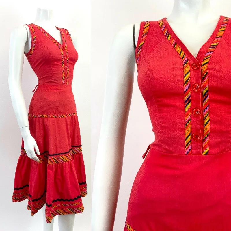 Instant Discount VTG 60s 70s FOLK RED ORANGE BLACK STRIPED GEOMETRIC AZTEC TIERED MOD DRESS 8 10