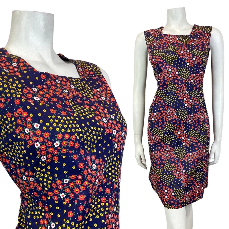 Exclusive Online Offer VINTAGE 60s 70s BLUE RED YELLOW DITSY FLOWER SLEEVELESS SUMMER DRESS 10 12 Exclusive Online Offer VINTAGE 60s 70s BLUE RED YELLOW DITSY FLOWER SLEEVELESS SUMMER DRESS 10 12