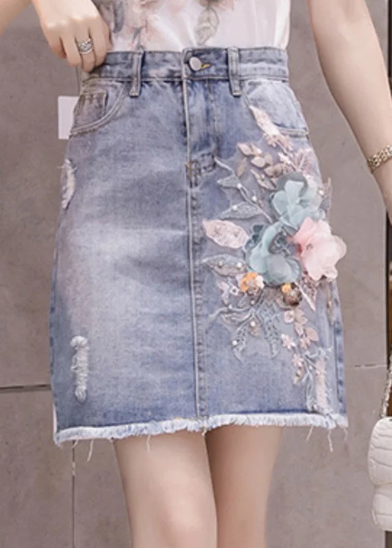 New Markdowns Stylish Blue Floral Patchwork High Waist Nail Bead Denim Skirt TY1073