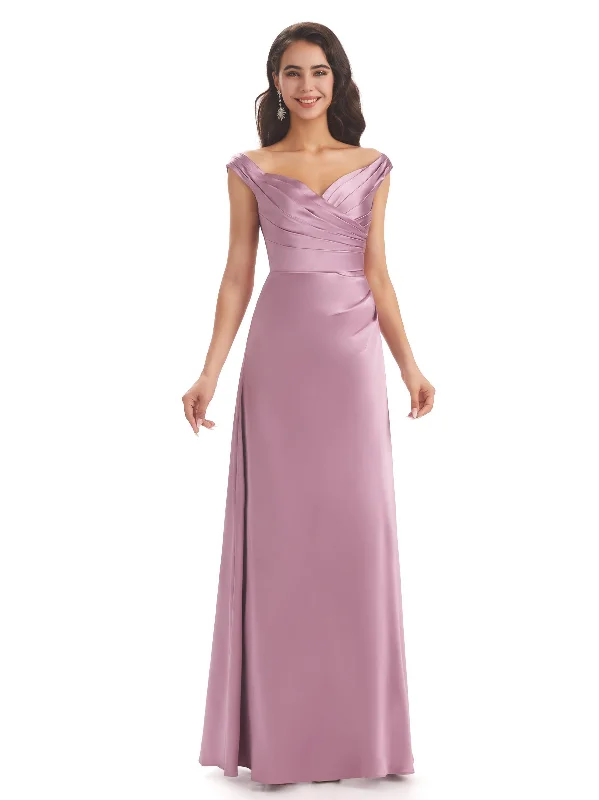 Crazy Deals Elegant Soft Satin V-neck Long Unique Wedding Bridesmaid Dresses Online