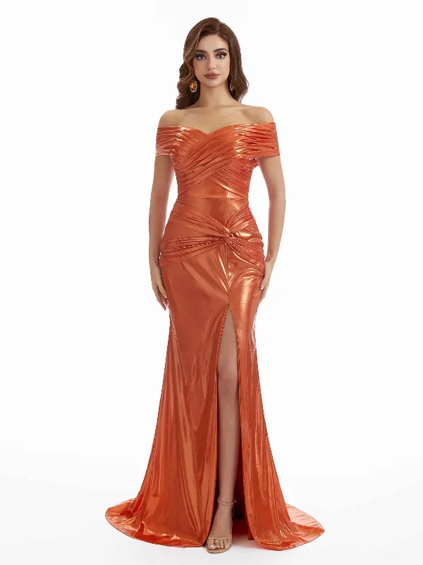 Price Drop Sexy Mermaid Off The Shoulder Side Split Pleated Metallic Long Dresses Online Price Drop Sexy Mermaid Off The Shoulder Side Split Pleated Metallic Long Dresses Online
