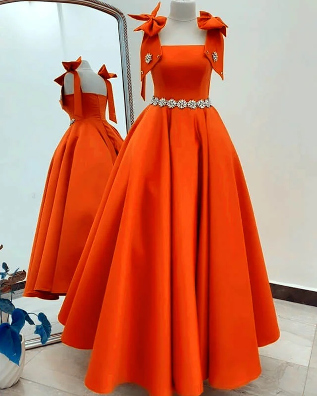 Lowest Price Ball Gown Orange Satin Dress With Straps