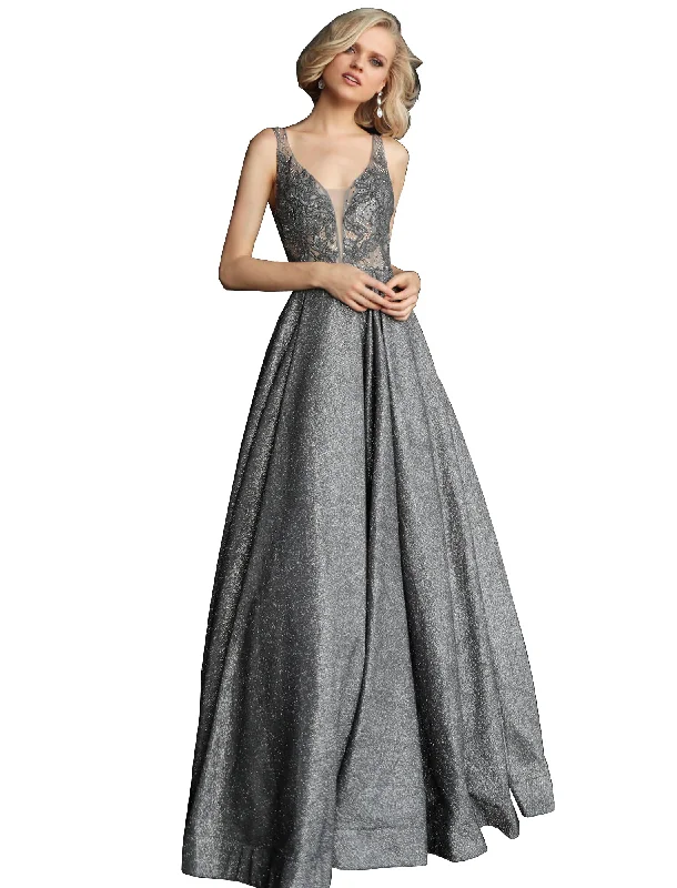 Epic Deals Jovani Dark Grey Embellished Bodice Open Back Prom Gown Dress