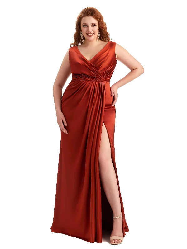 Warehouse Sale Plus Size Sexy Side Slit V-Neck A-line Soft Satin Long Wedding Party Dresses Warehouse Sale Plus Size Sexy Side Slit V-Neck A-line Soft Satin Long Wedding Party Dresses