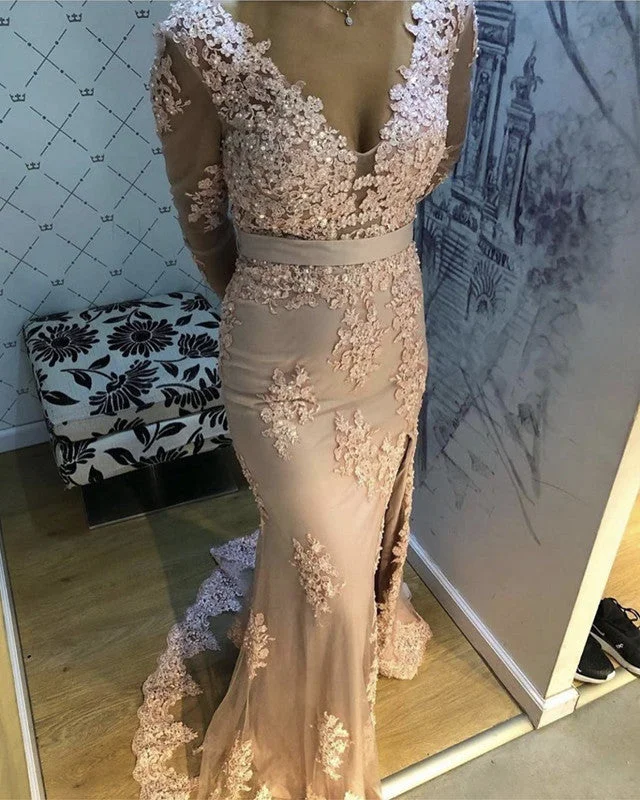 Super Bargain Mermaid V Neck Split Prom Lace Long Sleeves Dresses