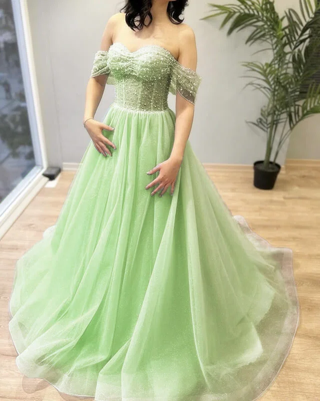 Exclusive Offers Light Green Beaded Tulle Off-the-shoulder Dress