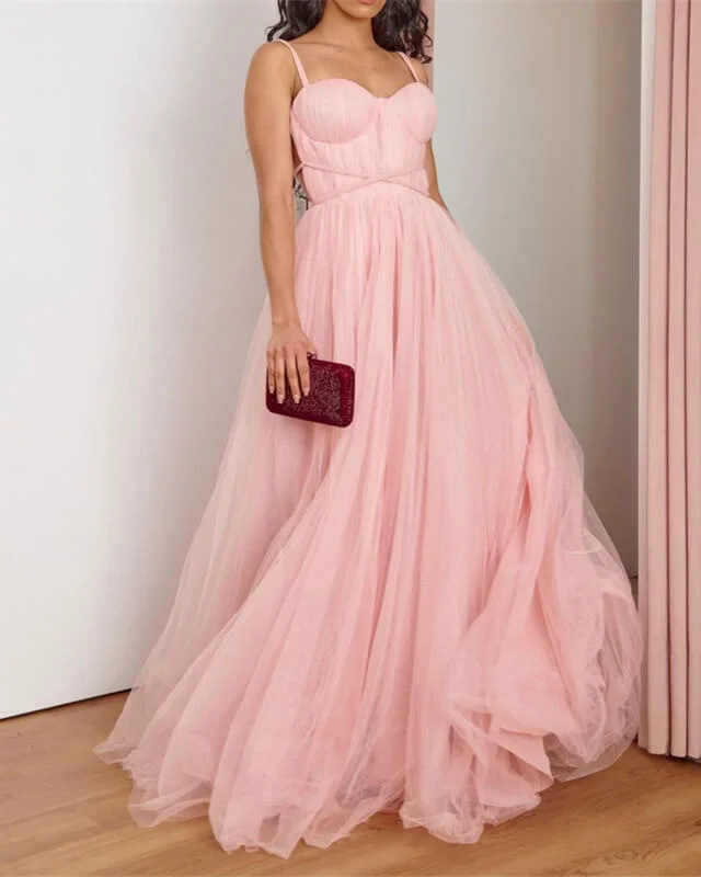 TIME-Limited Offer Long Pink Tulle Corset Top Dress