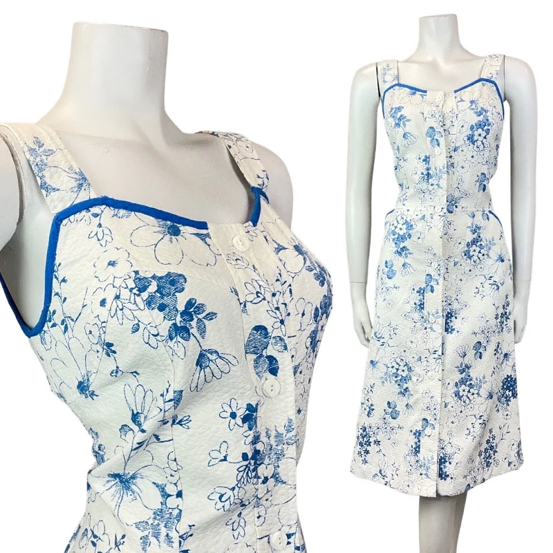 Price Meltdown VINTAGE 60s 70s WHITE BLUE FLORAL PRAIRIE BOHO SUMMER APRON SUN DRESS 8 Price Meltdown VINTAGE 60s 70s WHITE BLUE FLORAL PRAIRIE BOHO SUMMER APRON SUN DRESS 8