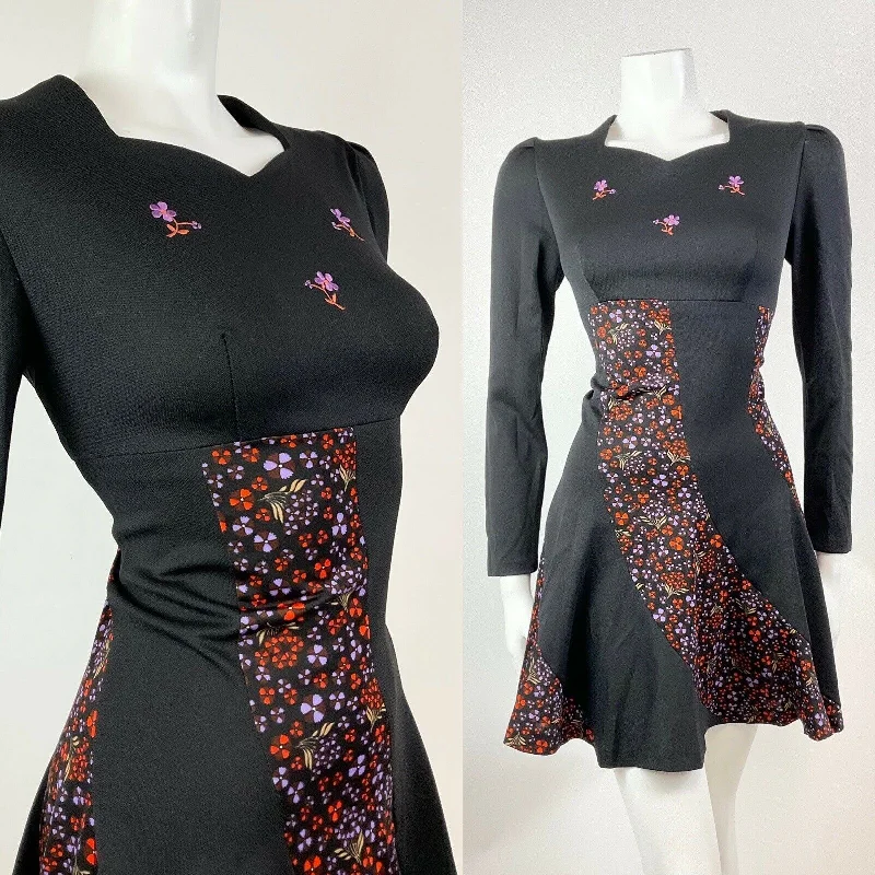 Special Savings VINTAGE 60s 70s BLACK ORANGE PURPLE FLORAL EMBROIDERED MOD SKATER DRESS 10 12