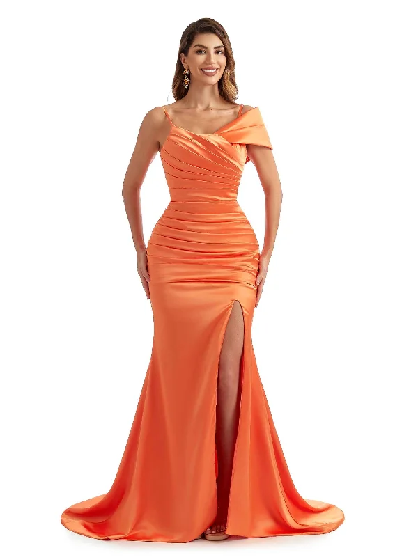 Stock Clearance Sexy Side Split Asymmetric Straps Mermaid Chic Satin Long Maid of Honor Dresses