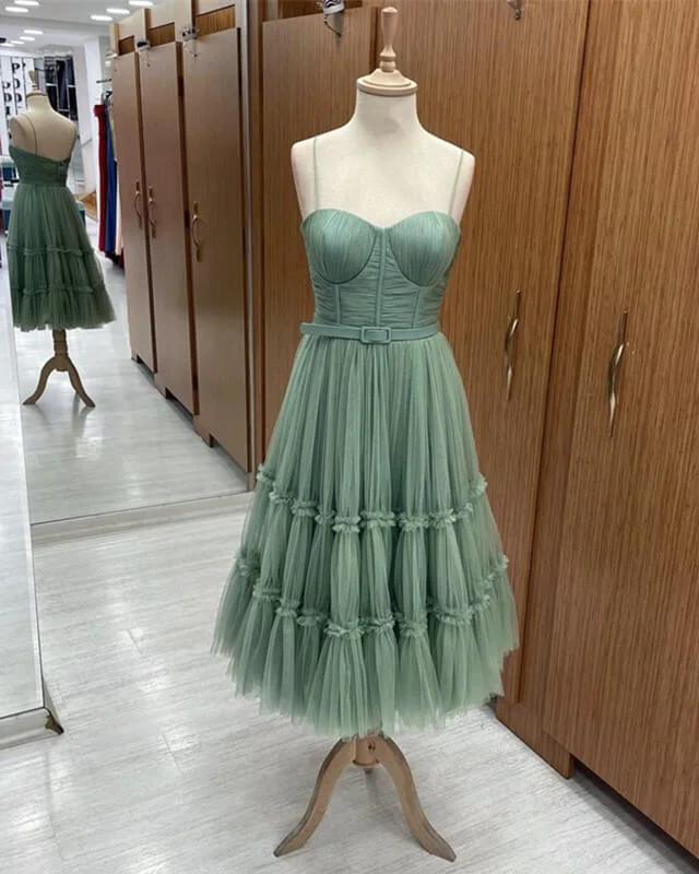 Act Fast Sage Tiered Tulle Tea Length Corset Dress