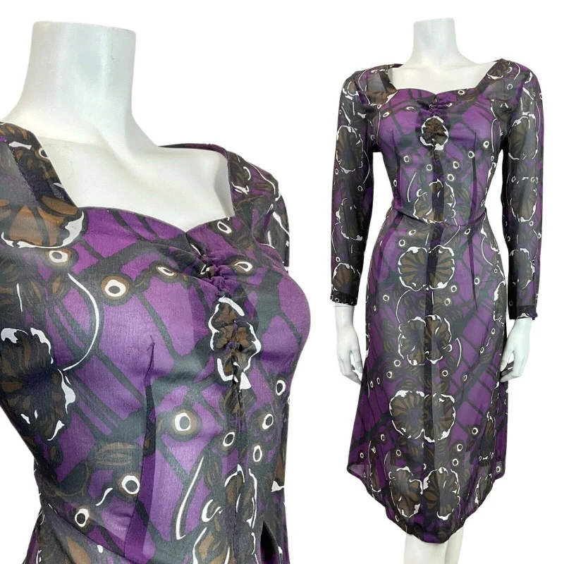 Sneak Peek Sale VINTAGE 60s 70s PURPLE BLACK BROWN PSYCHEDELIC FLORAL SHEER DRESS 14