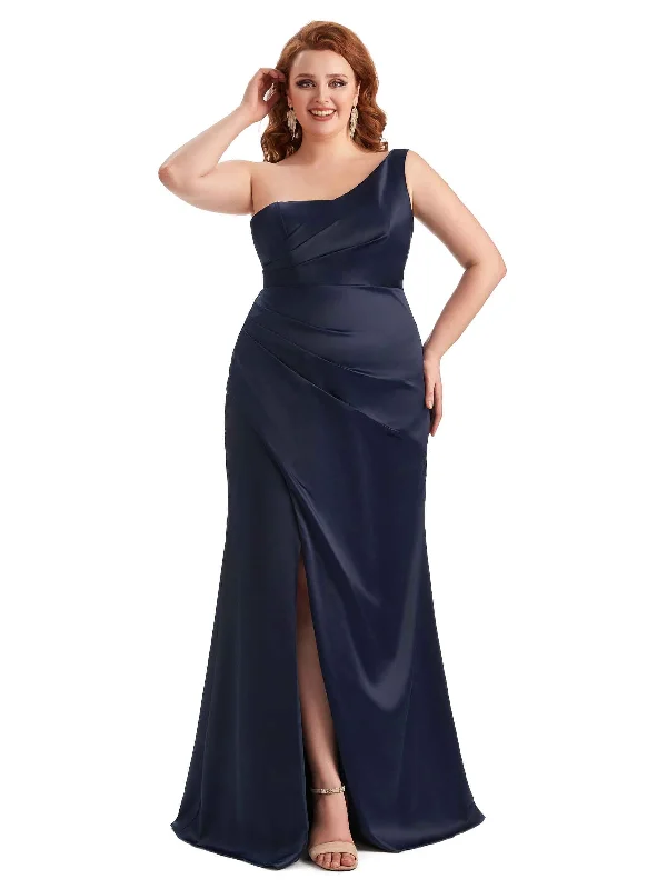 Flash Sale Plus Size Sexy Side Slit One Shoulder Mermaid Long Satin Maxi Dresses