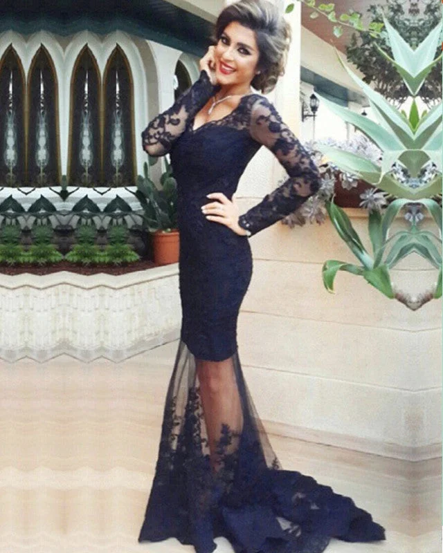 Daily Deals Lace Mermaid V Neck Long Sleeves Prom Dresses
