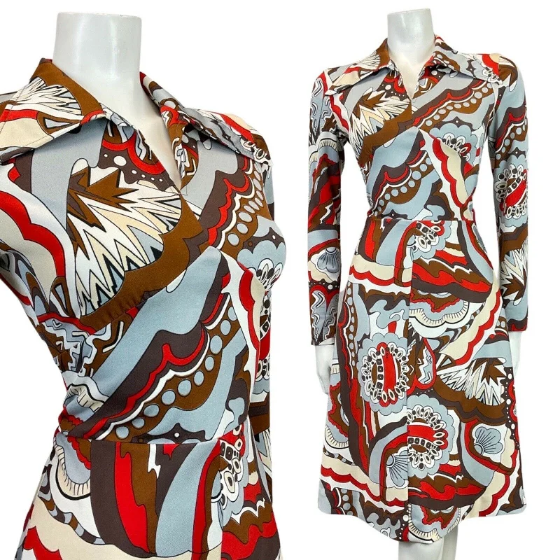 Discount Deals VINTAGE 60s 70s SILVER BROWN RED PSYCHEDELIC WAVY DAGGER COLLAR MOD DRESS 10