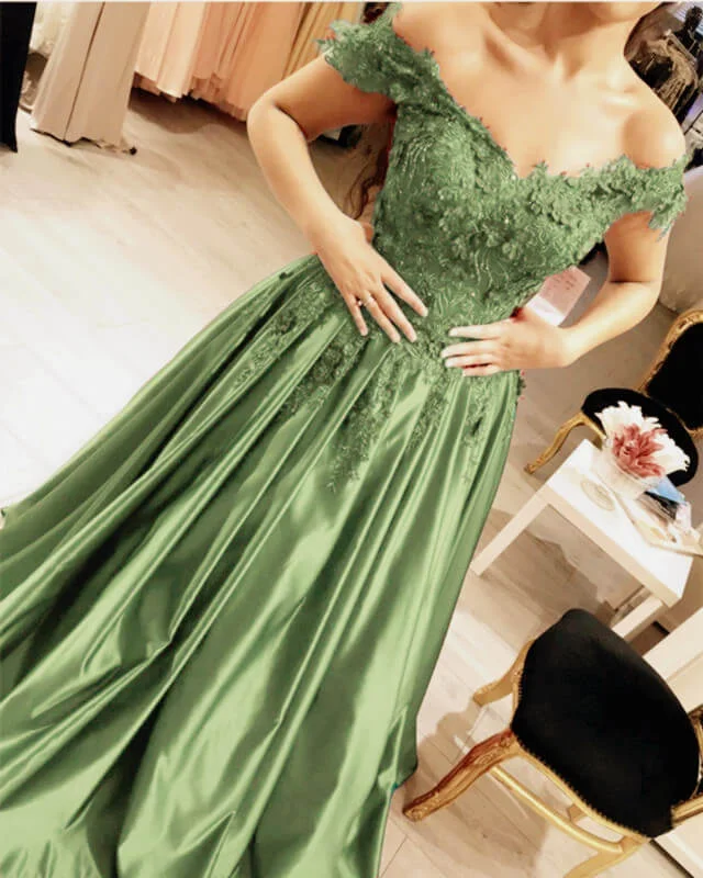 Act Now A-line Prom Dresses Satin Off Shoulder Lace Beaded