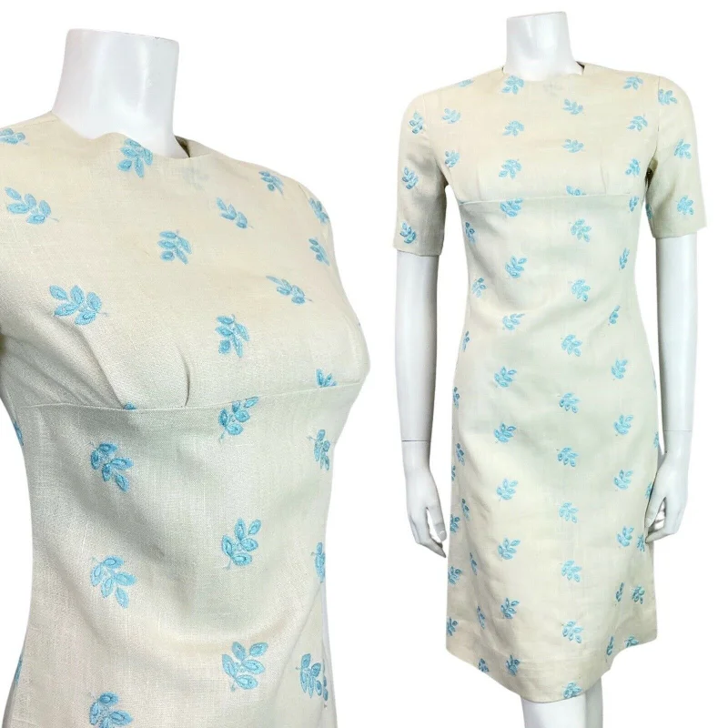 Special Promotion VINTAGE 60s 70s CREAM BABY BLUE EMBROIDERED LEAF EMPIRE LINE MOD SHORT DRESS 8 Special Promotion VINTAGE 60s 70s CREAM BABY BLUE EMBROIDERED LEAF EMPIRE LINE MOD SHORT DRESS 8