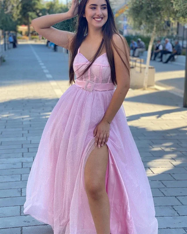 Year-End Sale Glitter Tulle V Neck Prom Dresses Split