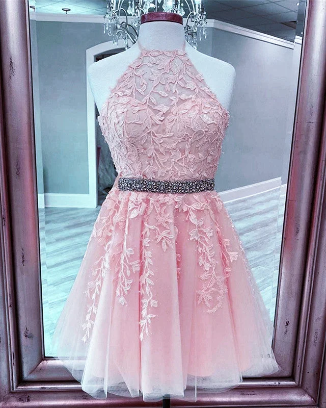 Limited Time Discount Halter Homecoming Dresses Lace Embroidery Beaded Sashes