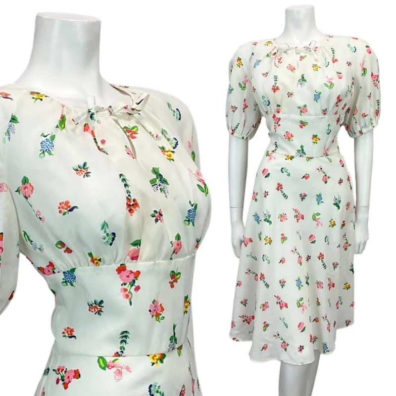 Fantastic Offers VINTAGE WHITE PINK GREEN YELLOW BLUE FLORAL PRINT MIDI DRESS 8 10