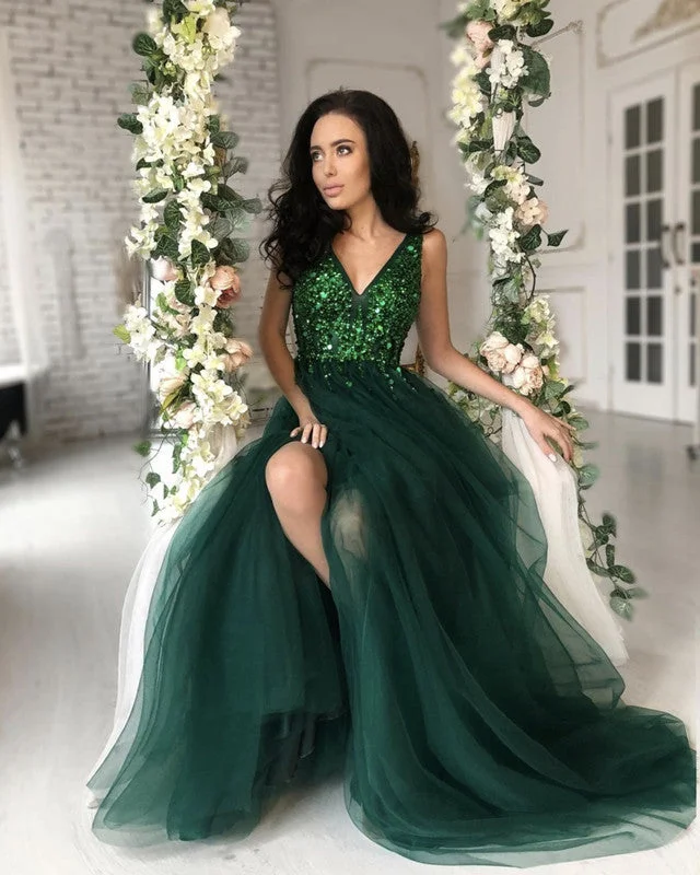 Exclusive Savings Long Tulle Split Dresses V Neck Sequins Beaded