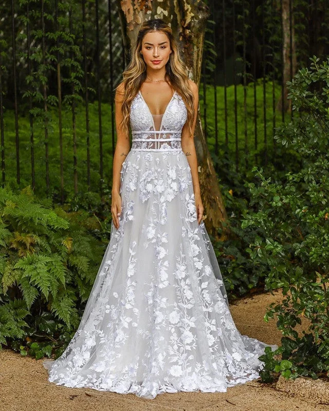 Mega Deal Lace A Line Wedding Dresses V Neck
