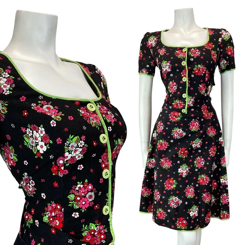 Price Drop VINTAGE 60s 70s BLACK PINK RED GREEN FLORAL BOUQUET SUMMER PRAIRIE MOD DRESS 10
