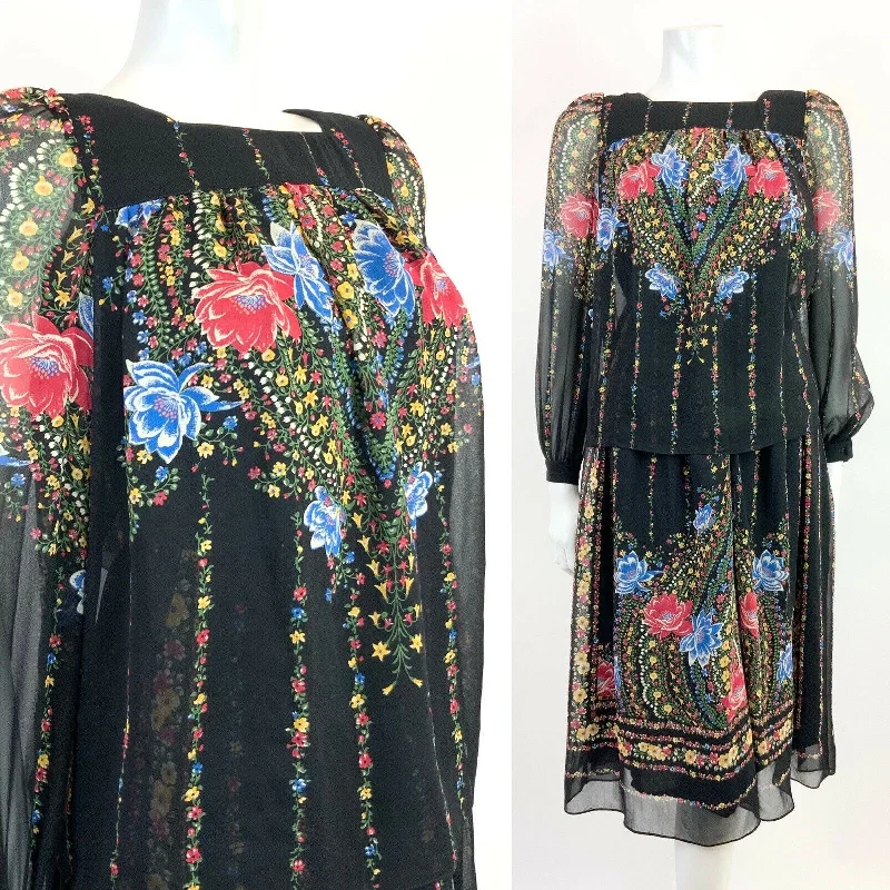 Best Seller VTG 60s 70s BLACK RED BLUE FLORAL STRIPED MANDALA FOLK BOHO BLOUSON DRESS 10