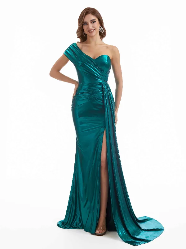 Price Drop Alert Elegant One Shoulder Mermaid Side Split Sparkly Metallic Long Formal Dresses Online Price Drop Alert Elegant One Shoulder Mermaid Side Split Sparkly Metallic Long Formal Dresses Online
