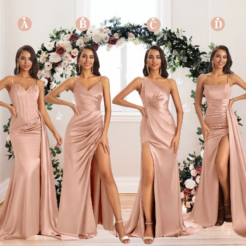 Mega Sale Mismatched Rose-Gold Sexy Side Slit Mermaid Soft Satin Long Bridesmaid Dresses Online Mega Sale Mismatched Rose-Gold Sexy Side Slit Mermaid Soft Satin Long Bridesmaid Dresses Online