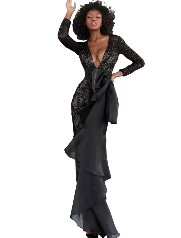 Daily Specials Jovani Black Low V Neck Long Sleeve Prom Jumpsuit Dress