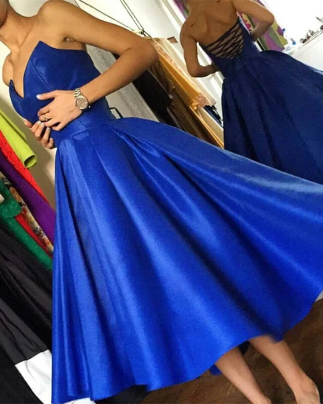Mega Sale Royal Blue V-neck Corset Back Satin Dress