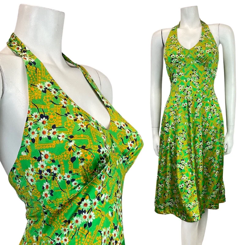 TIME-Limited Offer VINTAGE 60s 70s GREEN YELLOW BLUE FLORAL HAWAIIAN HALTER SUMMER SWING DRESS 8 10 TIME-Limited Offer VINTAGE 60s 70s GREEN YELLOW BLUE FLORAL HAWAIIAN HALTER SUMMER SWING DRESS 8 10