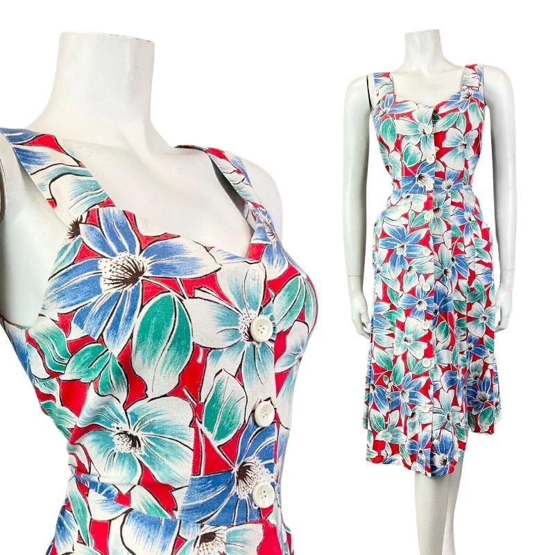 Exclusive Savings VINTAGE 70s 80s BLUE RED GREEN FLORAL SUMMER SWING SUN-DRESS 10