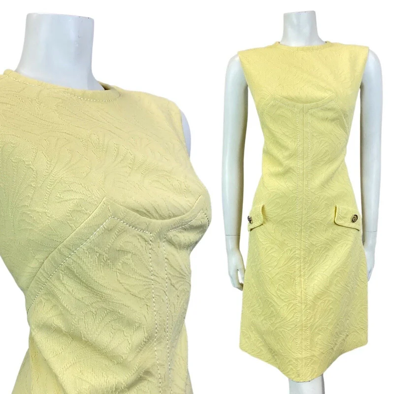 Extra Savings VINTAGE 60s 70s PALE YELLOW LEAFY SLEEVELESS MOD SCOOTER SHIFT DRESS 12 14 Extra Savings VINTAGE 60s 70s PALE YELLOW LEAFY SLEEVELESS MOD SCOOTER SHIFT DRESS 12 14