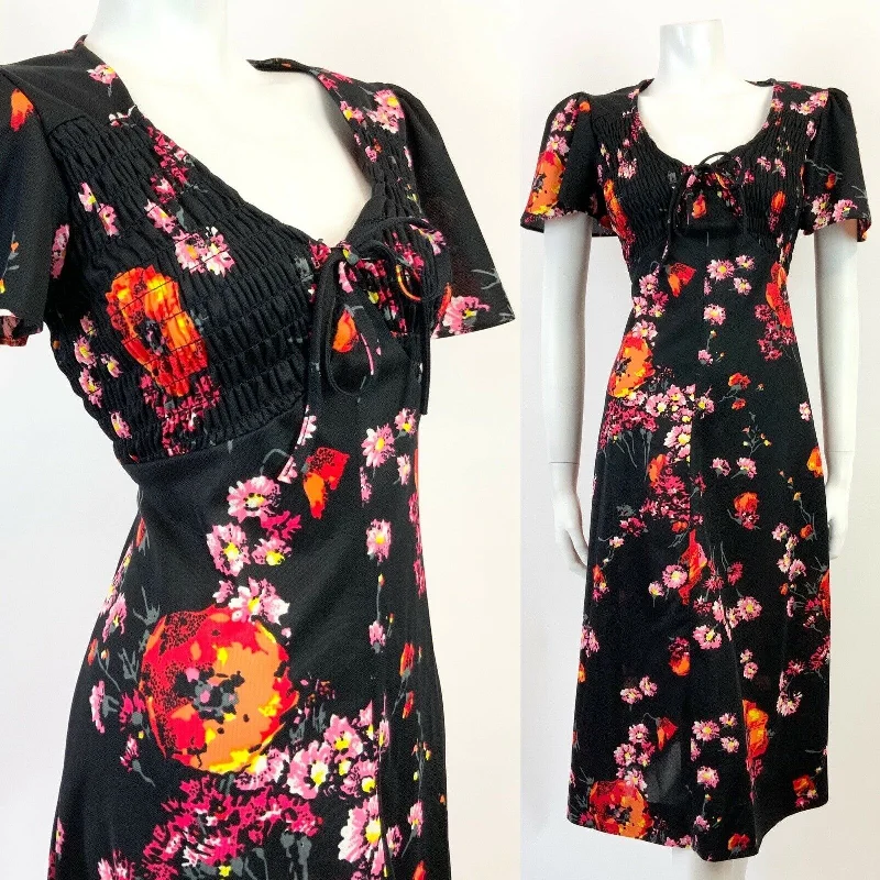 Great Deals VINTAGE 60s 70s BLACK PINK ORANGE FLORAL BELL SLEEVE SUMMER FLARED DRESS 12 14