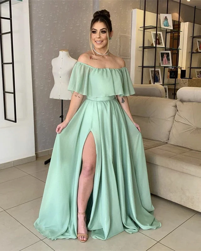 Discount Extravaganza Ruffles Shoulder Chiffon Split Bridesmaid Dresses