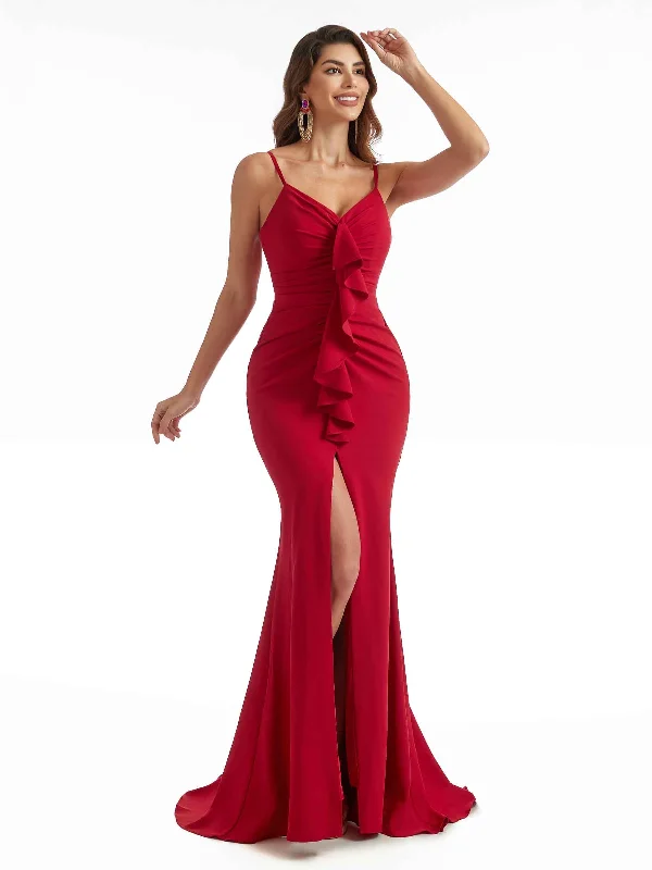 Lowest Price Sexy Side Split Stretch Crepe Ruffles Mermaid Spaghetti Strap Long Bridesmaid Dresses Online Lowest Price Sexy Side Split Stretch Crepe Ruffles Mermaid Spaghetti Strap Long Bridesmaid Dresses Online